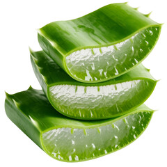 Fresh Aloe Vera Slices Stacked, Revealing Translucent Gel on a Clean White Background for Natural Health and Beauty Concepts