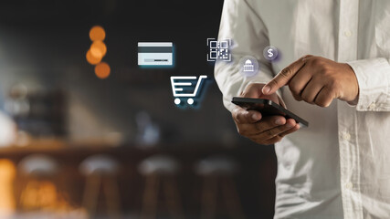 Successful transaction Secure payment confirmation concept mobile payment completed QR code and credit card, businessman taps smartphone transaction and verified payment trust and transaction