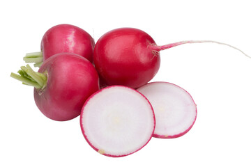 fresh radishes, whole and sliced, isolated on background.