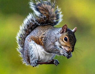 Obraz premium Squirrel feasts on a treat with fluffy tail, perched against blurry green backdrop