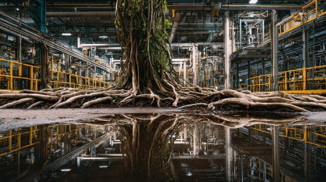 A large tree with exposed roots stands in an industrial setting, reflecting in water, highlighting the contrast between nature and machinery.