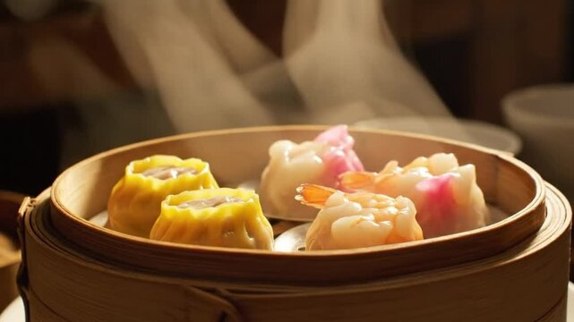 Steaming Hot Chinese Dim Sum Basket with Siu Mai and Har Gow - Traditional Asian Cuisine Appetizer