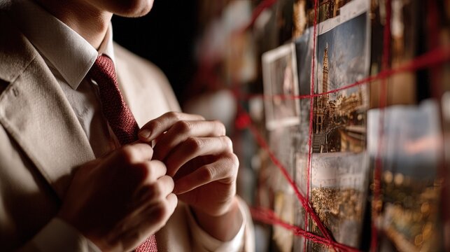 A man in a formal suit adjusts his red necktie while standing before a detective investigation board with photos and red string