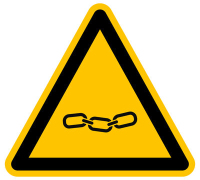 Se&ntilde;al de advertencia amarilla con eslabones de cadena met&aacute;lica vector