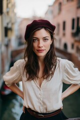 Fototapeta premium Stylish woman in a white blouse and maroon beret, posing confidently in a quaint, European city street.