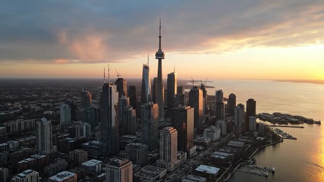 City skyline at sunset featuring tall skyscrapers and a calm waterfront