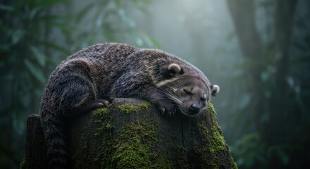 A sleeping, dark-furred animal rests on a mossy tree stump in a misty forest