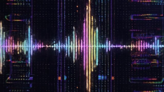 An abstract digital background features a futuristic binary code pattern and a motion wave equalizer design illustrated with glowing blue and green light textures for a high-tech network wallpaper