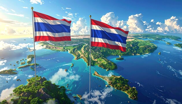 Thailands vibrant flags over tropical islands and azure waters.
