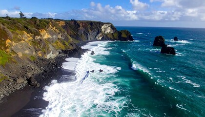 Rugged coastline steep cliffs meet the sea with crashing waves on dark sand under a partly cloudy sky