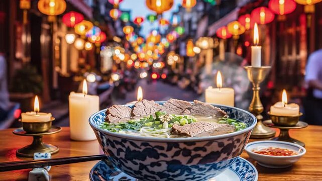 Exquisite Pho Noodles with Beef Garnishing and Scenic Lantern-Lit Street Ambiance Video