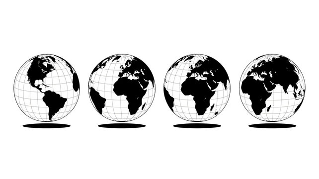 Four stylized black and white illustrations of planet earth viewed from different angles in a row against a white background