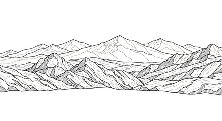 Stylized mountain range illustration in black and white line art. © Tama