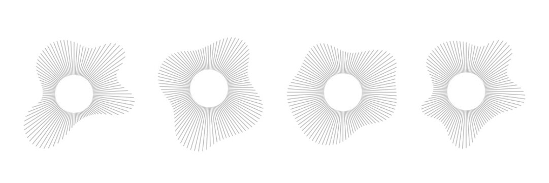 Set of Abstract sound wave equalizer in circular form. Radial audio spectrum illustrating music rhythm, volume, and frequency for modern music and media concepts