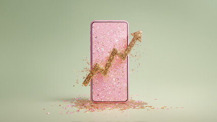 Glossy electric pink smartphone with a liquid gold graph arrow bursting from the screen representing digital finance growth on a solid mint green background.