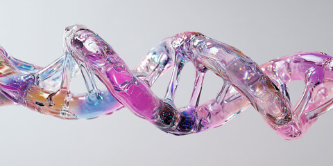 Translucent glass DNA helix glowing with soft neon gradients representing health innovation and medical research on a solid sterile white background.