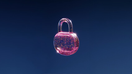 Translucent glass shield encasing a glowing magenta padlock to represent digital data protection and cybersecurity on a solid midnight navy background.