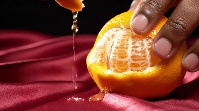Macro Detail of Fingers Zesting Mandarin Orange Skin Revealing Segments and Sticky Syrup - Intense Refreshment