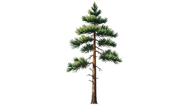A tall pine tree stands alone with lush green branches against a clear backdrop viewed from the side.