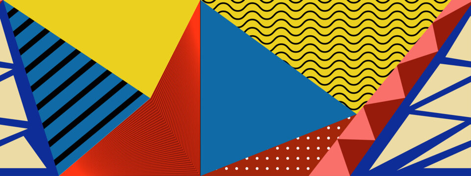 High contrast geometric design featuring red yellow and blue triangles with repetitive wave patterns and black stripes