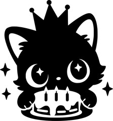cute black cartoon cat wearing crown holding birthday cake, sparkling party illustration with playful purrday celebration mood isolated on white background.