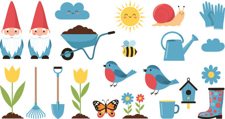 Cute gardening vector set featuring garden gnomes flowers birds butterfly wheelbarrow watering can tools sun and clouds in flat cartoon style illustration. © Hosneara