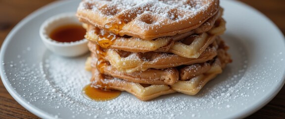 A waffle stack drizzled with syrup and dusted with powdered sugar on a white plate