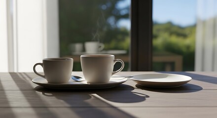Fototapeta premium Morning Coffee Cups on Table with Sunlight and Shadow.