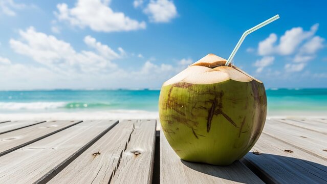Coconut with straw on wooden beach deck by ocean waves and blue sky