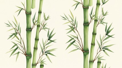 Naklejka premium Bamboo stalks with lush green leaves standing tall in a serene natural setting from a close-up viewpoint