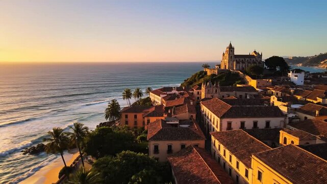 Coastal hillside town with terracotta roofs and palm trees bathed in golden sunset light