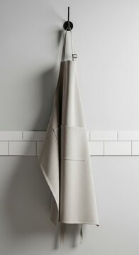 Linen cooking apron hanging on a black hook against a minimalist kitchen wall with white tiles vertical orientation clean aesthetic neutral mood