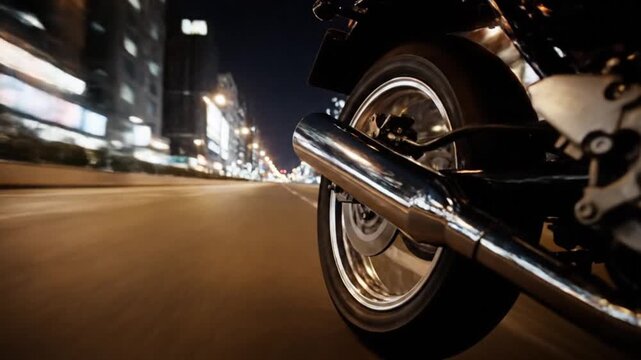 Motorcycle speeding through a city street at night, blurred lights in background.