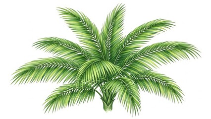 Fototapeta premium A vibrant palm tree with lush green leaves, standing tall from a centered viewpoint in a tropical environment