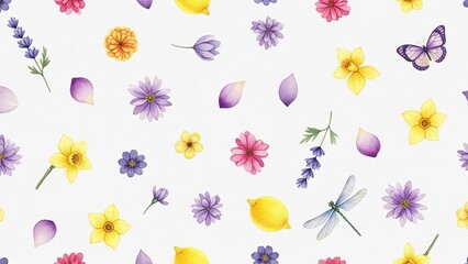 Obraz premium Various flowers, leaves, butterflies, and insects scattered across a white background from an aerial viewpoint