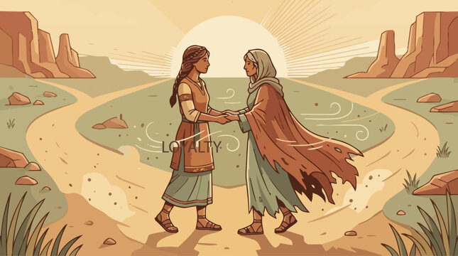 On a sunlit, dusty road outside Moab, Ruth gently holds Naomi&rsquo;s hands, her eyes steady with devotion as she chooses to stay. Naomi looks weary but touched, her cloak worn from grief. Bible 