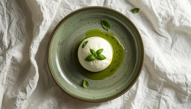 fresh burrata cheese with basil oil and green leaves on a ceramic plate, top view