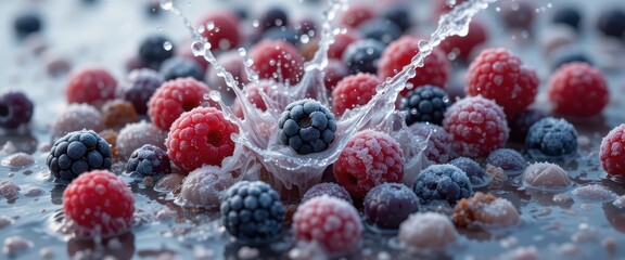 Berries burst in a splash of water frozen in a moment of refreshing vibrancy
