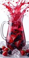 Berry Splash Red drink bursts from a glass pitcher filled with fruit and ice