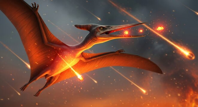 Pteranodon dinosaur flying with glowing meteorites falling from the sky. Prehistoric pterodactyl facing extinction event. Jurassic period environment.