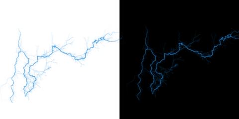 Electric blue lightning bolt on white and black backgrounds isolated on transparent background