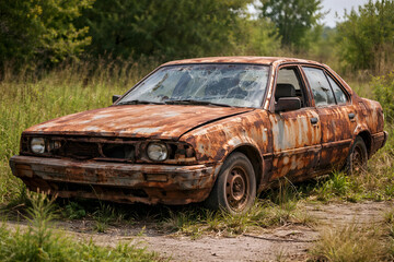 Old rusty car abandoned in a field with a transparent background