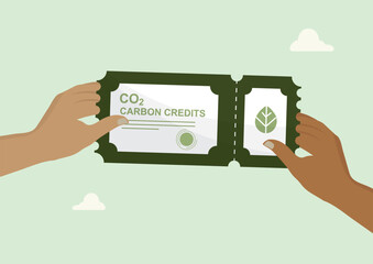 Hands exchanging sustainable CO2 carbon credits. symbolizing climate action, offset trading, and green investment concepts. Carbon credit concept. Flat design. Vector illustration