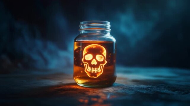 Glows: A jar containing a skull, radiating ominous light, against a dark backdrop.