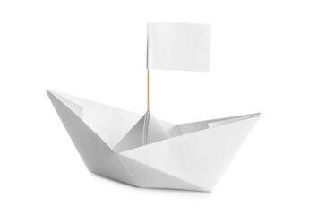 Origami boat with flag on white background