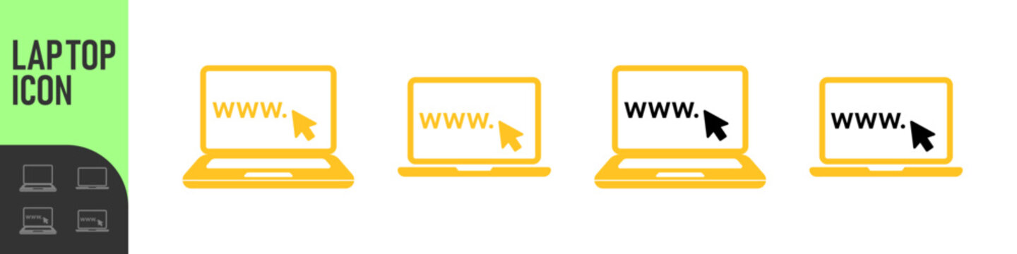 Laptop computer icon. Display with pointer mouse arrow cursor clicking on computer screen. Notebook mock up front view. Online services, web design, e-commerce and marketing, laptop cursor