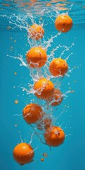 Citrus cascade Oranges burst in blue liquid a vibrant dance