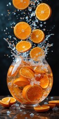 Citrus explosion Oranges plunge into a splashfilled bowl a vibrant burst of freshness  zest