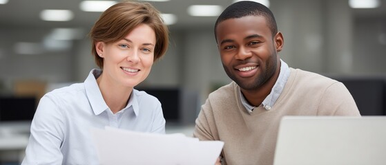 Young Professionals Smiling in Modern Office Environment with Laptop and Documents