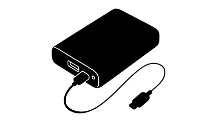 A sleek black portable power bank with a charging cable